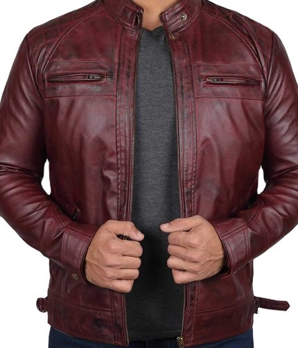 Mens Leather Motorcycle Jackets Cafe Racer Fashion Slim Fit Maroon Leather Biker Jacket