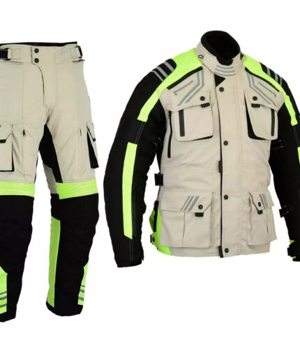 2-Piece Cordura/Textiles Pure White & Reflective Green Motorbike Suit with Protectors Waterproof Breathable Touring Jacket Pants Motocross Racing Suit 2023