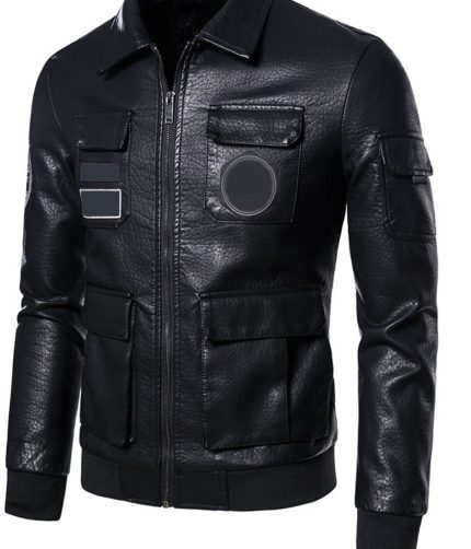 Men's Black Racer Biker Jacket Motorcycle PU Leather Jacket Cool Zipper Pockets Fashion Coats