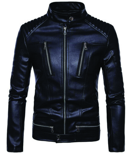 Men's Black Racer Biker Jacket Motorcycle PU Leather Jacket Cool Zipper Pockets Fashion Coats