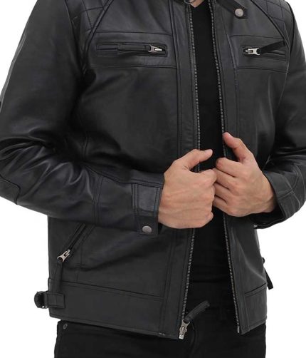 Men's Black Racer Biker Jacket Motorcycle PU Leather Jacket Cool Zipper Pockets Fashion Coats