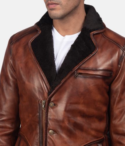 Men’s Rocky Brown Faux Fur Leather Coat Handmade Fox Shearling Jacket Winter