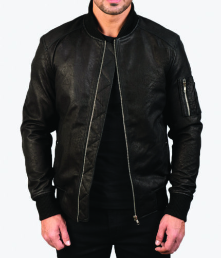 Bomia Ma-1 Distressed Black Leather Bomber Jacket For Men