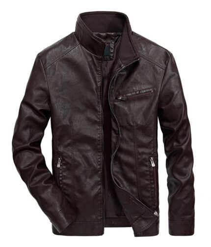 Brown Warm Men’s Winter Fleece Motorcycle High Quality PU Leather Jacket – Stand Collar Casual Windbreaker