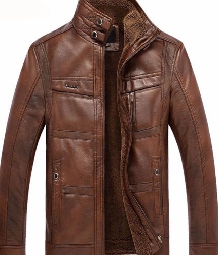 Brown Warm Men’s Winter Fleece Motorcycle High Quality PU Leather Jacket – Stand Collar Casual Windbreaker