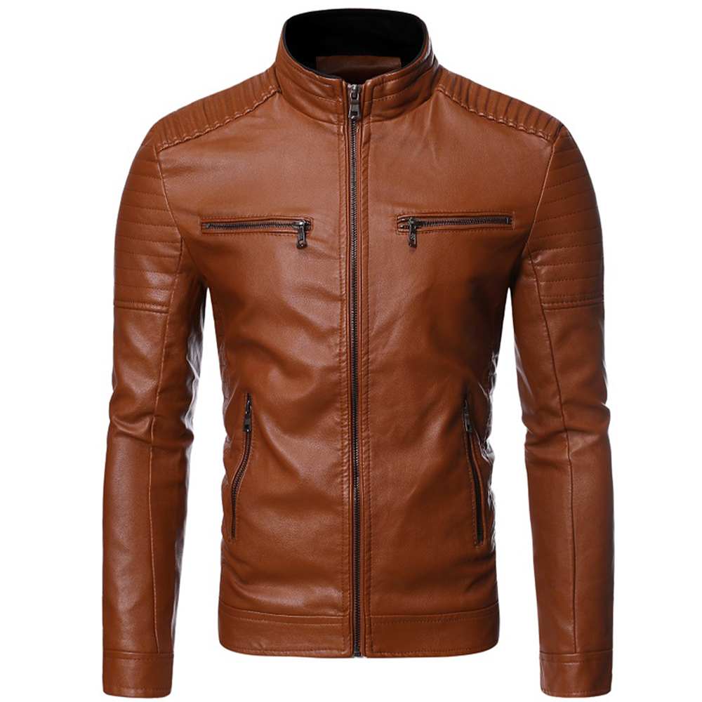 Street Casual Brown Spring and Autumn Thin Men’s Stand Collar Slim Fit Striped Double Zipper Faux Leather Jacket Motorcycle Jacket Fashion