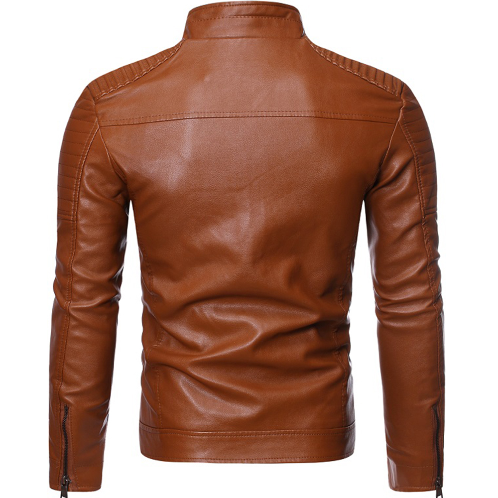 Street Casual Brown Spring and Autumn Thin Men’s Stand Collar Slim Fit Striped Double Zipper Faux Leather Jacket Motorcycle Jacket Fashion