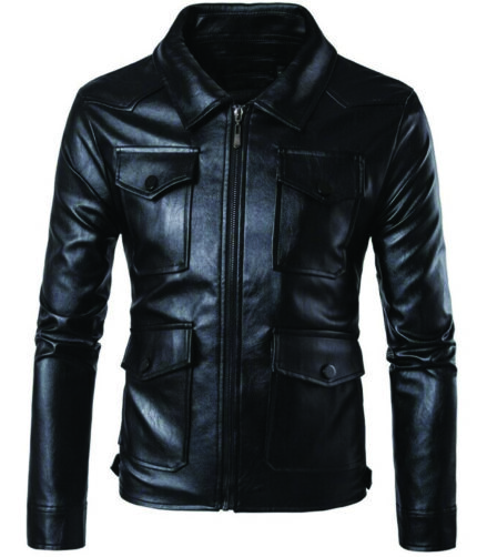 Men's Fashion Casual Pure Leather Coat Long Sleeve Soft Black Fashionable and Handsome Look Front Pocket Motorcycle Biker Jacket