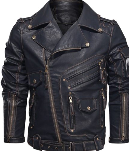 Men’s Black Racer Biker Jacket Motorcycle PU Leather Jacket Cool Zipper Pockets Fashion Coats