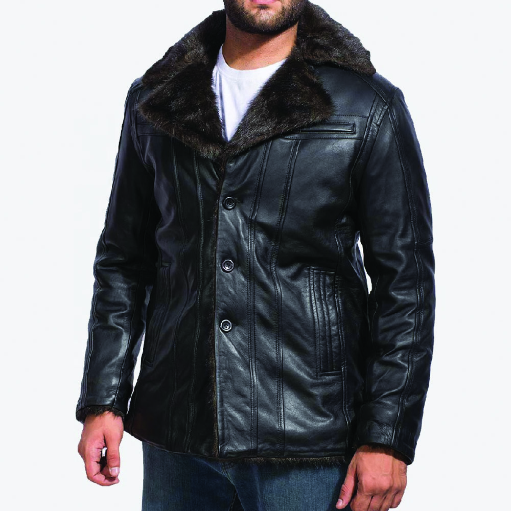 Men's Classic Shearling Furcliff Black Sheepskin Leather Coat Jacket