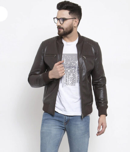 Zip-Front Biker Jacket with Zip Pockets Water Resistant Bomber Plain Leather Jacket