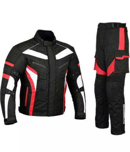 2-Piece Cordura/Textiles Red & Reflected Green Motorbike Suit with Protectors Waterproof Breathable Touring Jacket Pants Motocross Racing Suit