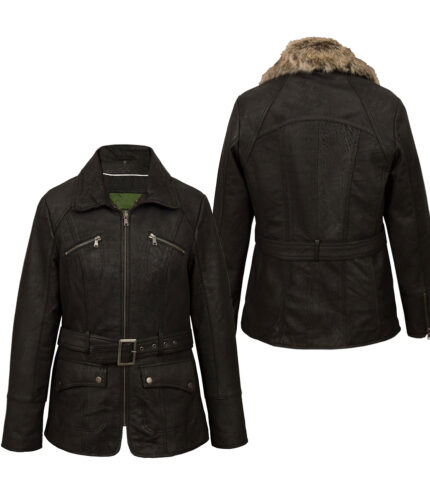 WOMEN'S BLACK LEATHER JACKET With Faux Fur Collar Long Coat