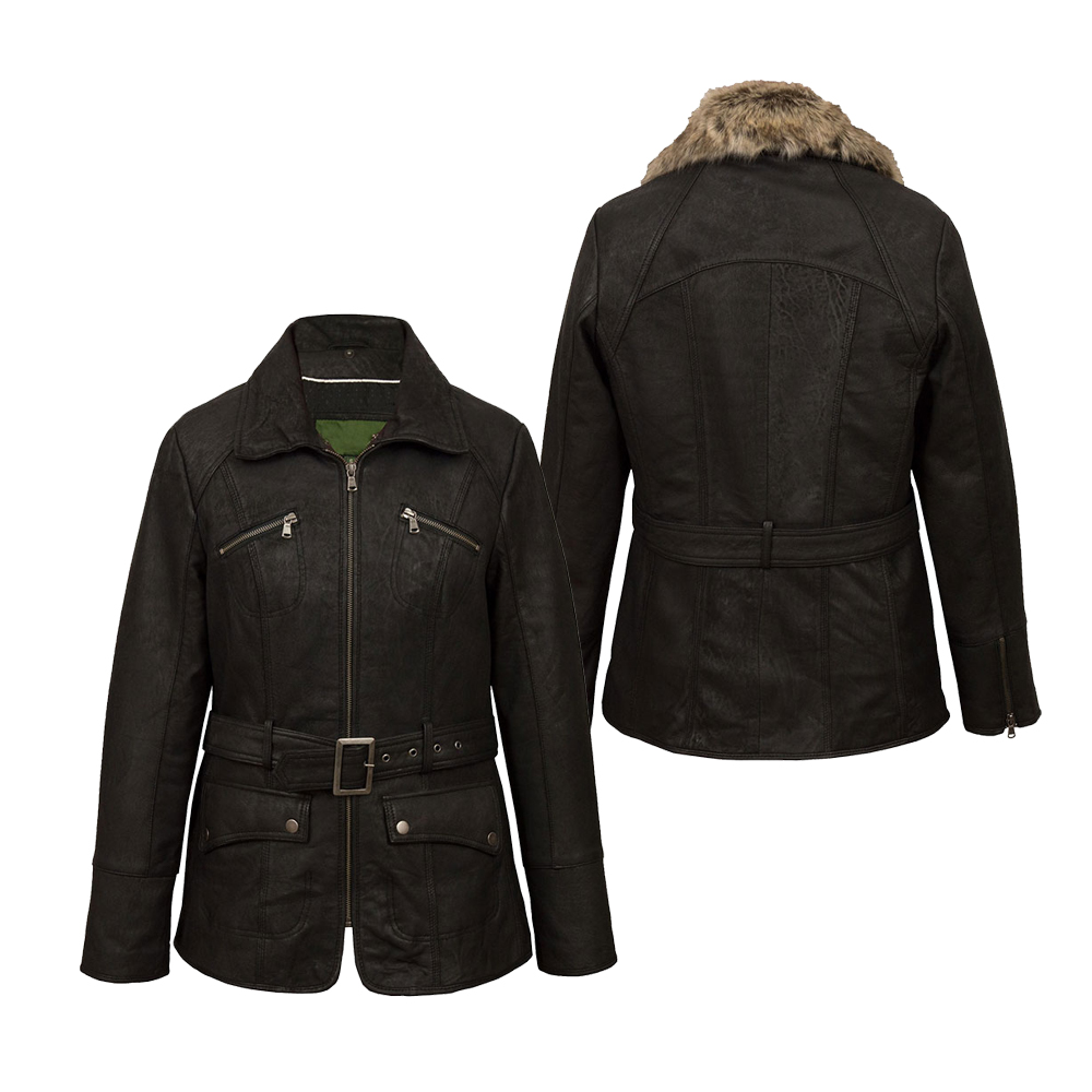 WOMEN'S BLACK LEATHER JACKET With Faux Fur Collar Long Coat