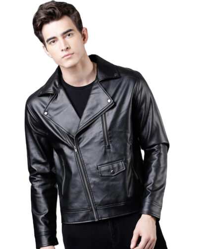 Men Biker Black Solid Real Leather Jacket classic zipper