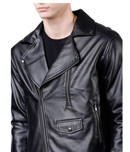 Men Biker Black Solid Real Leather Jacket classic zipper