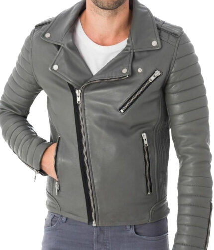 Men Gray Genuine lambskin Leather jacket Slim fit Biker Motorcycle Stylish Casual & Party Wear