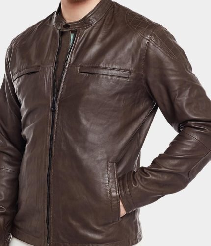 Men’s Lambskin Leather Moto Jacket Solid Brown Biker Jacket