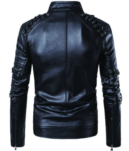 Men’s Biker Genuine PU Leather Jacket Black Café Racer Outfit Slim Fit Lightweight Stand Collar Motorcycle Jacket