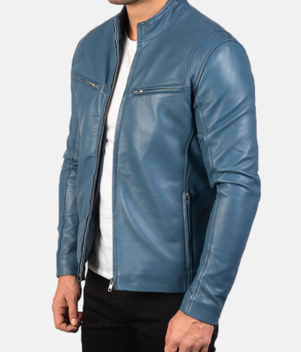 Men’s Sheepskin Motorcycle Ionic Blue Leather Biker Jacket