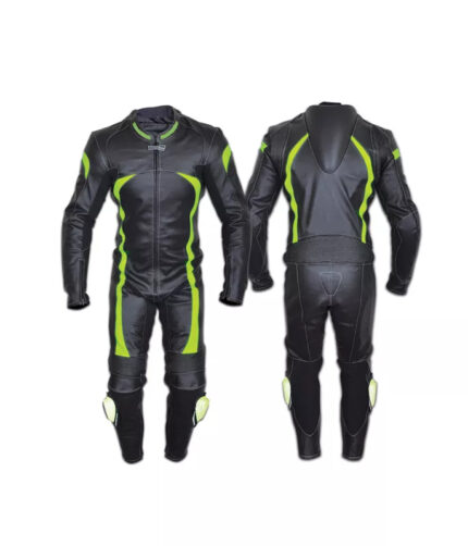 One Piece Cowhide Leather Motorbike Racing Suit 2023 Green & Black Stylish with Protectors Breathable Touring Jacket Pants Motocross Riding Suit