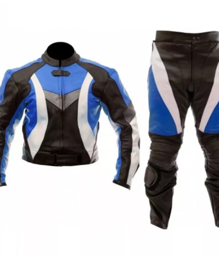 Two Piece Cowhide Leather Motorbike Racing Suit 2023 Blue, White & Black Stylish with Protectors Breathable Touring Jacket Pants Motocross Riding Suit