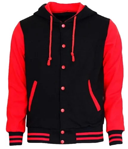 Baseball Bomber Jackets Fashion Hooded Black & Red Sleeves Letterman Varsity Jacket Unisex