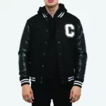 Baseball Bomber Jackets Latest Fashion Hooded Embroidery Black Leather Sleeves Letterman Varsity Jacket Unisex