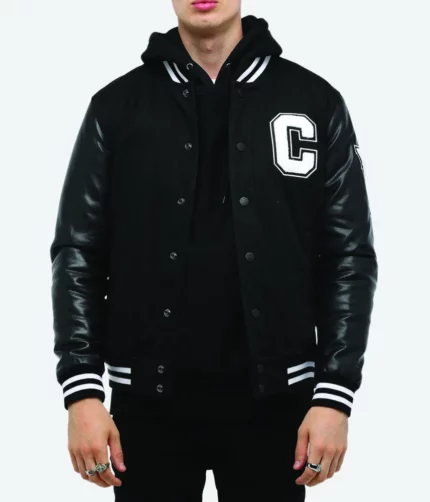 Baseball Bomber Jackets Latest Fashion Hooded Embroidery Black Leather Sleeves Letterman Varsity Jacket Unisex