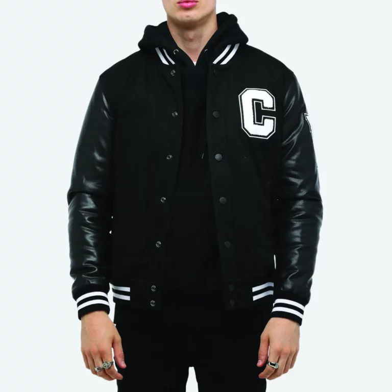 Baseball Bomber Jackets Latest Fashion Hooded Embroidery Black Leather Sleeves Letterman Varsity Jacket Unisex