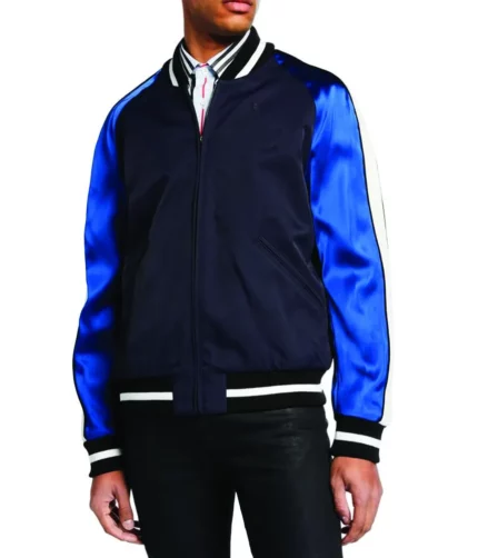 Baseball Bomber Jackets Fashion Blue Leather Sleeves Letterman Varsity Jacket Unisex