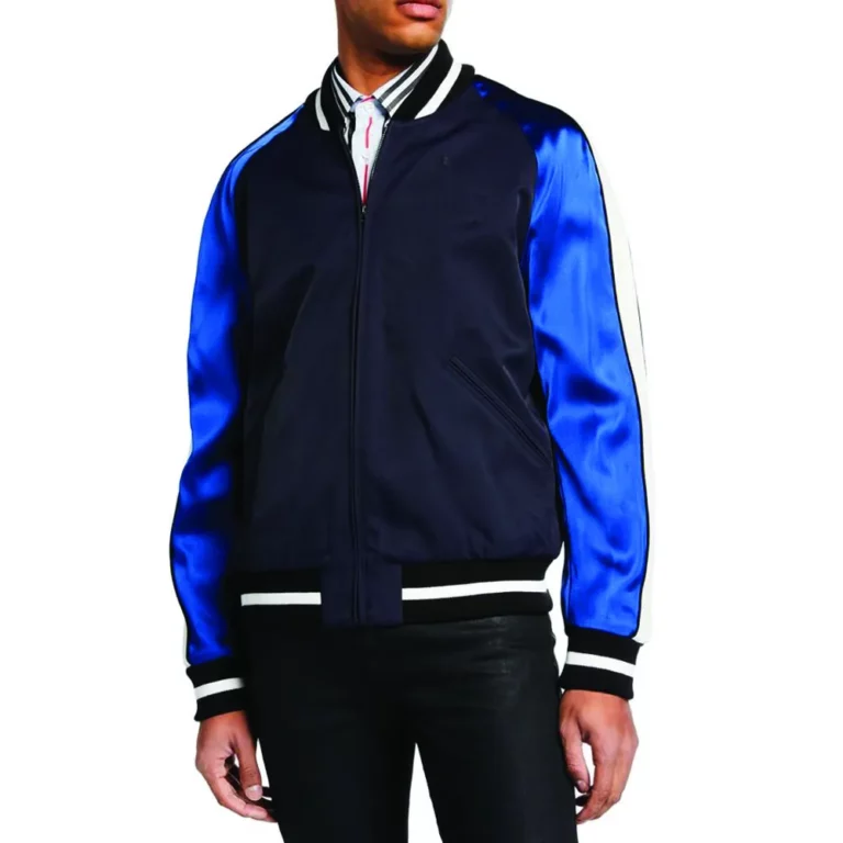 Baseball Bomber Jackets Fashion Blue Leather Sleeves Letterman Varsity Jacket Unisex