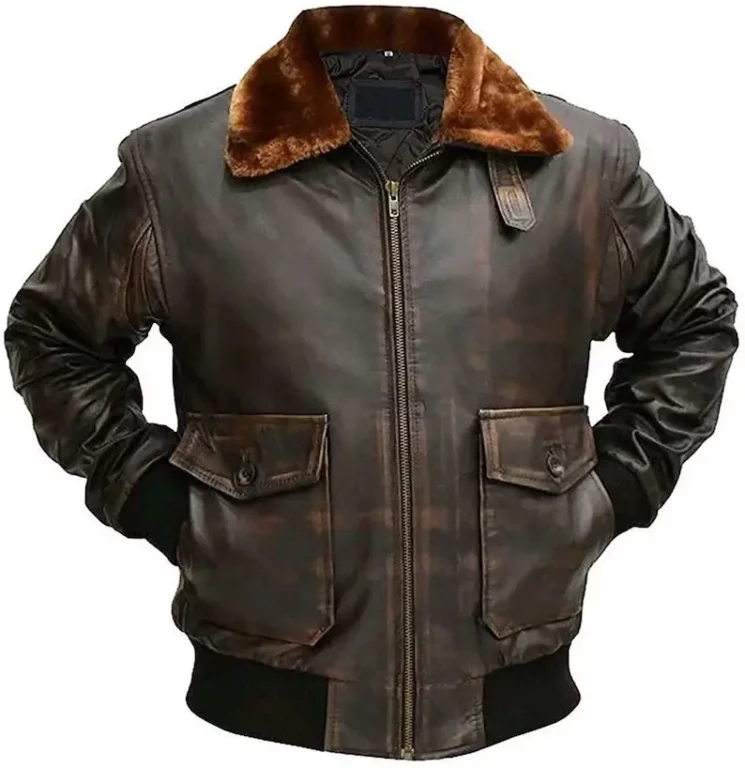 FUR COLLAR Military Bomber G1 Distressed Brown Aviator Bomber Leather Jacket for Men
