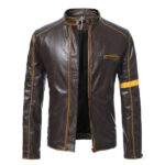 Men’s Brown Biker Genuine Sheepskin Stand Collar Casual Crossover Motorcycle Café Racer Vintage Retro Leather Jacket